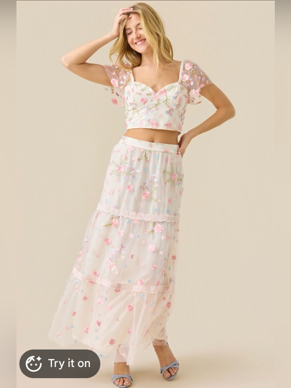 Altar'd State Sheer Pink Floral Embroidered Maxi Skirt Set